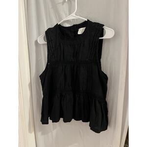 McGuire Black Peplum Waist Linen Tank Top Crochet Accents Tiered Ruffle Boho M